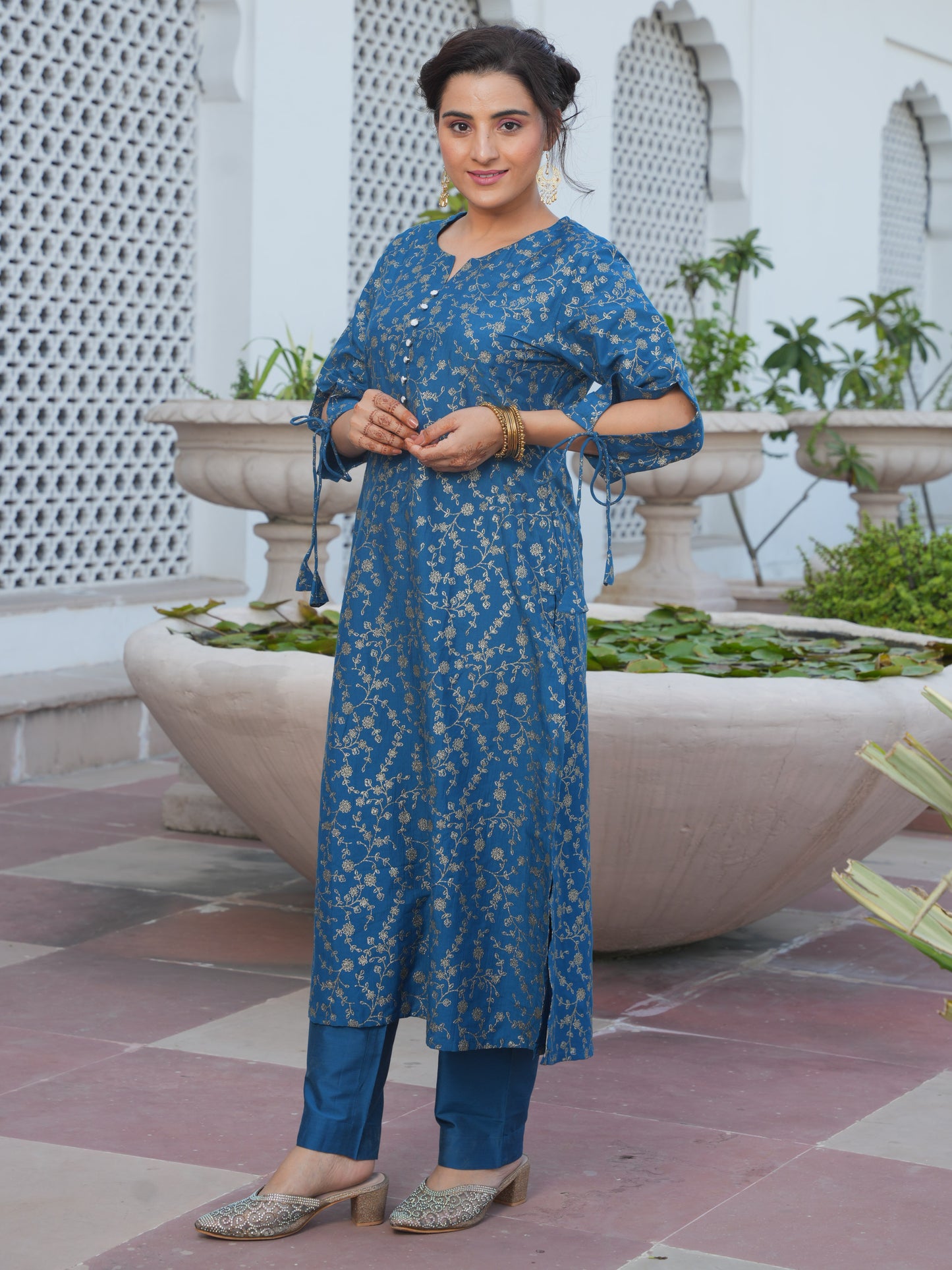 Chanderi Gold foil A-line Blue Kurta