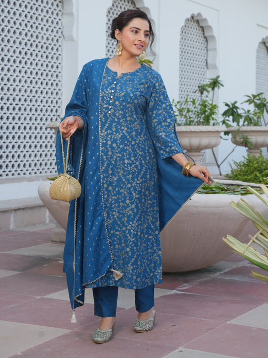 Crepe Gold foil Blue Dupatta