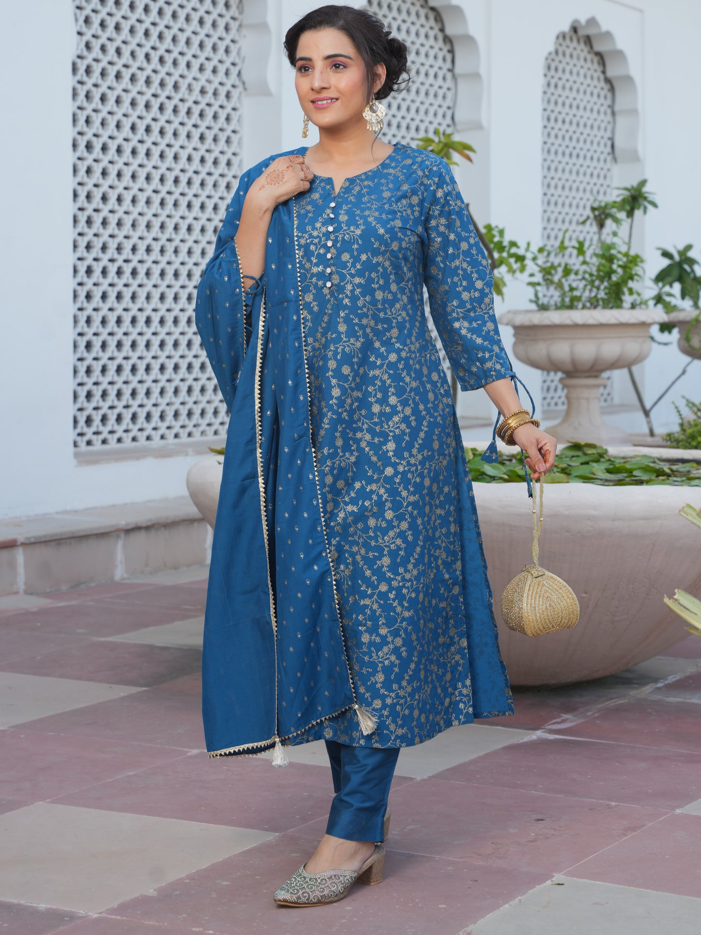 Crepe Gold foil Blue Dupatta