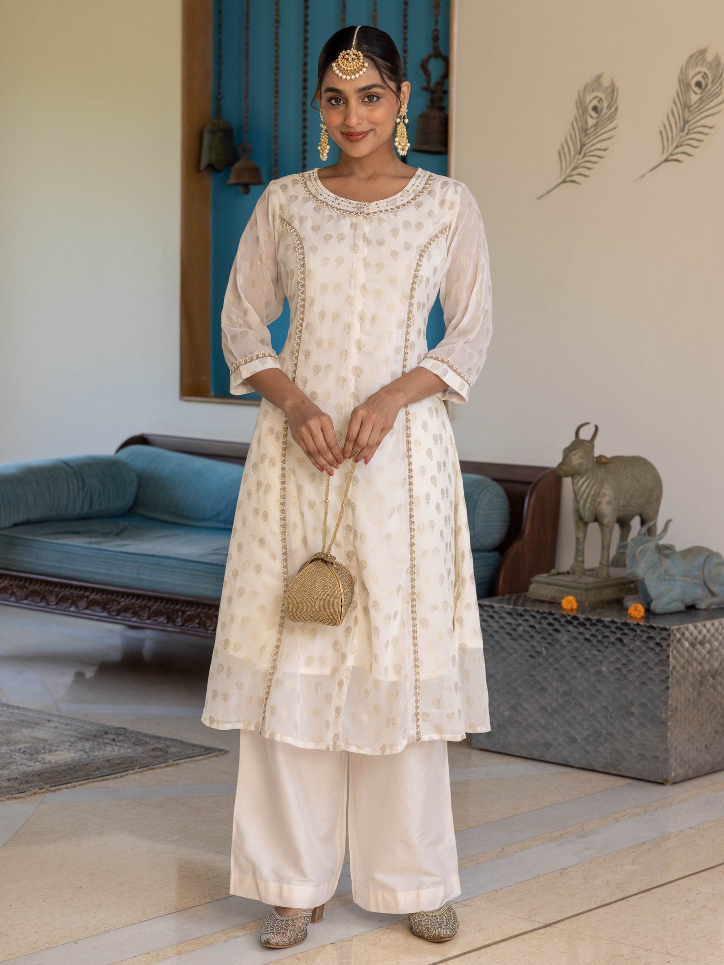 Embroidered Georgette Gold foil Flared Off White Kurta