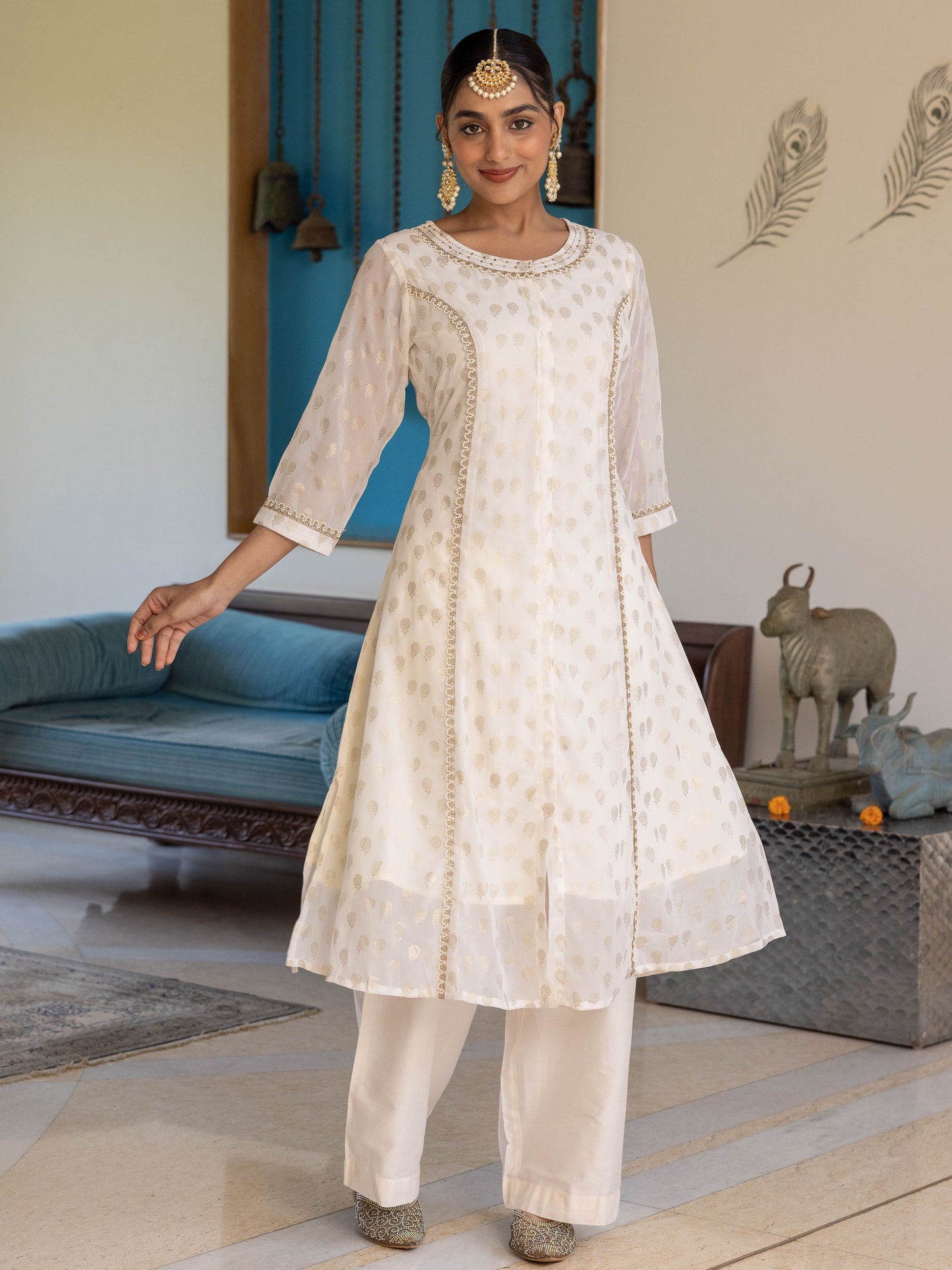 Embroidered Georgette Gold foil Flared Off White Kurta
