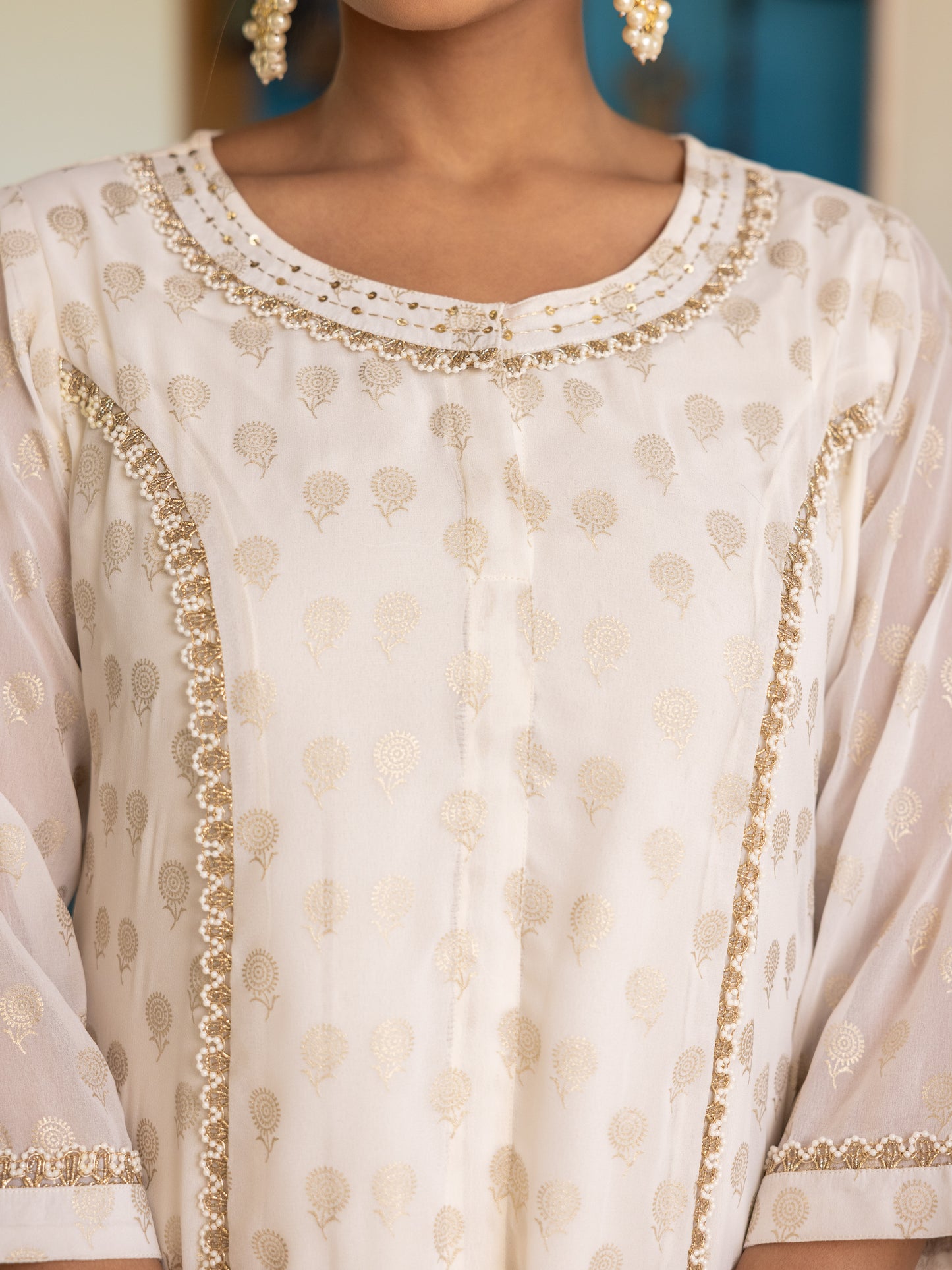 Embroidered Georgette Gold foil Flared Off White Kurta