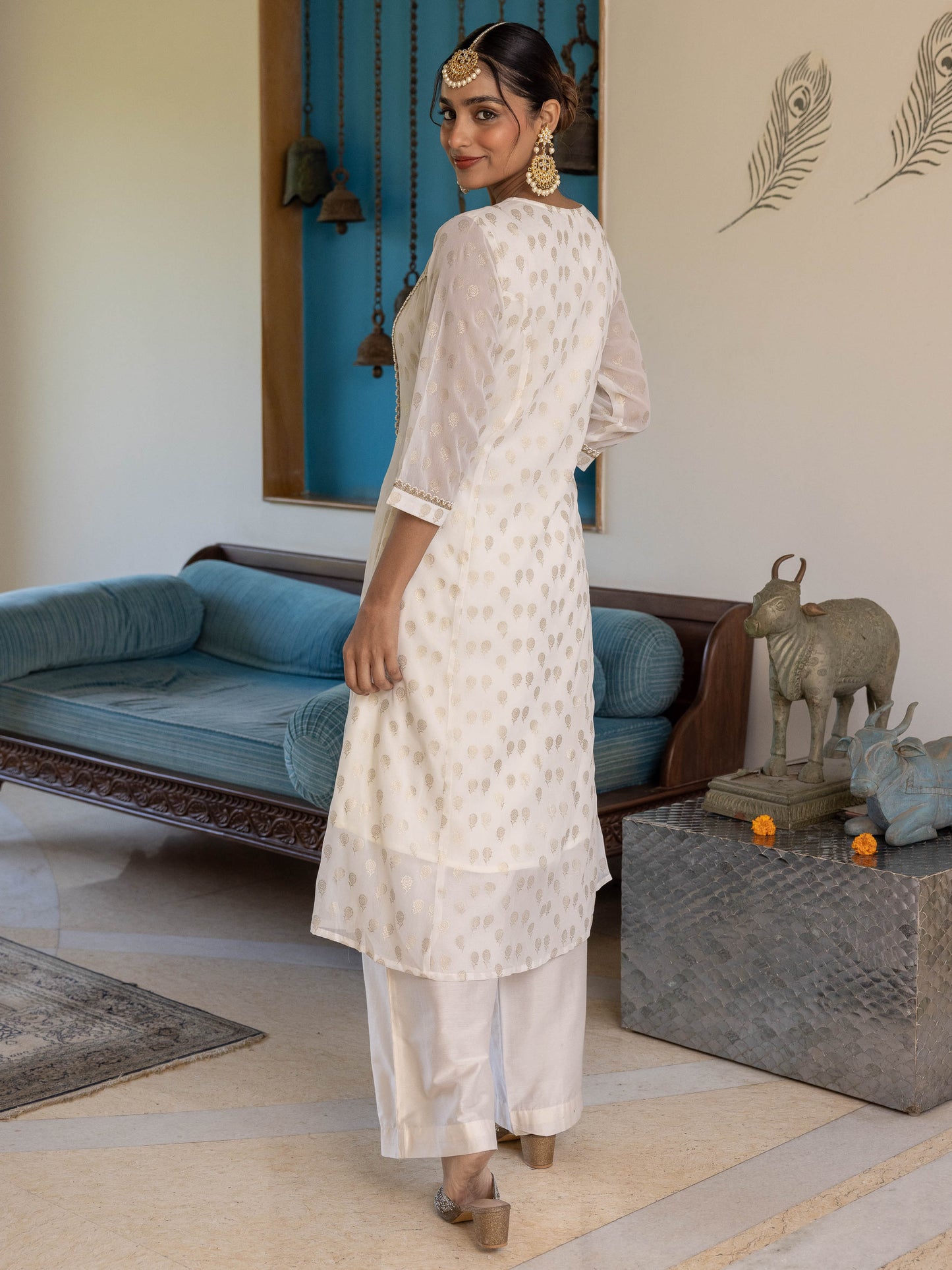 Embroidered Georgette Gold foil Flared Off White Kurta
