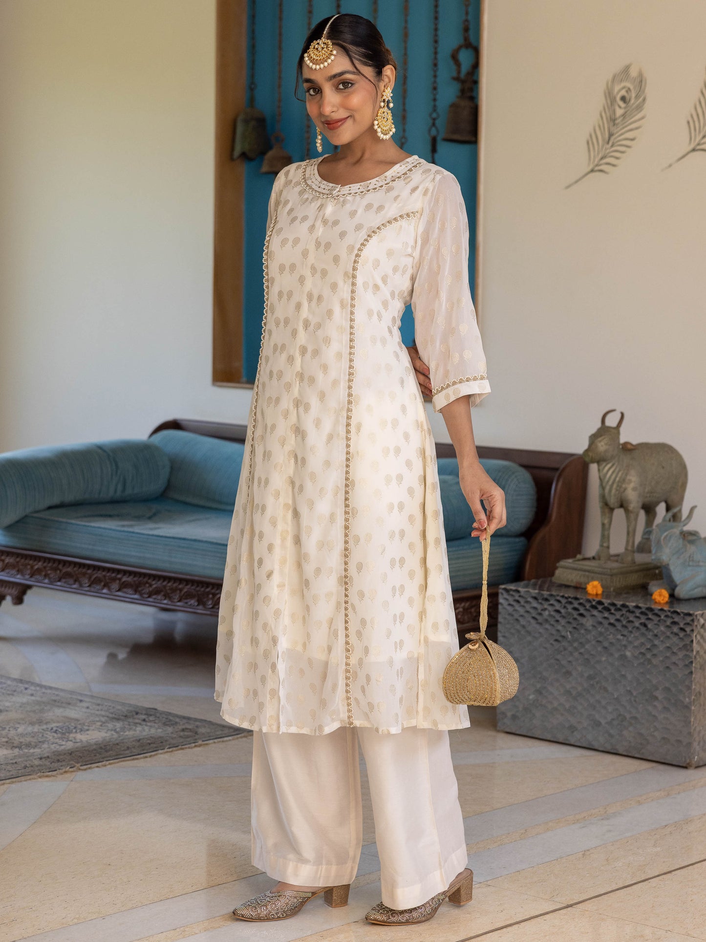 Embroidered Georgette Gold foil Flared Off White Kurta