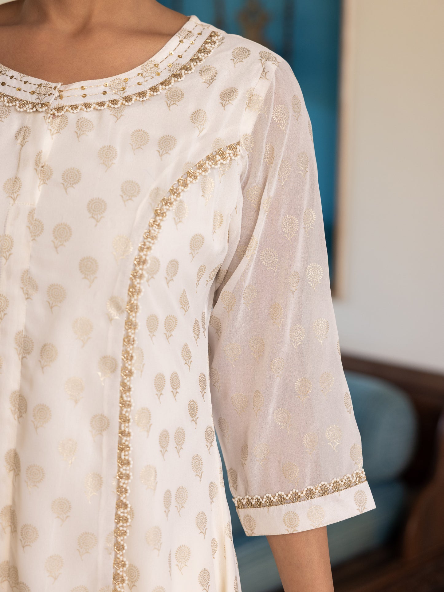 Embroidered Georgette Gold foil Flared Off White Kurta