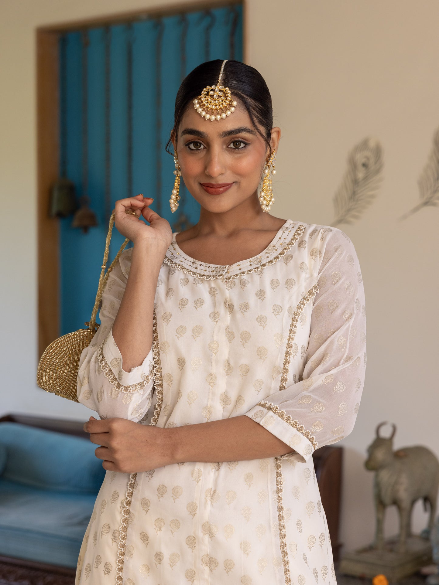 Embroidered Georgette Gold foil Flared Off White Kurta