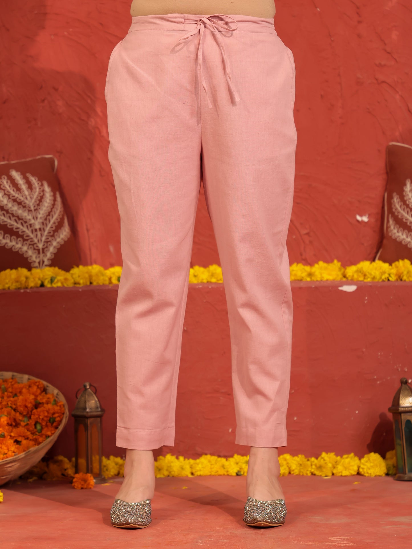 Linen Cotton Solid Pink Tapered Trousers
