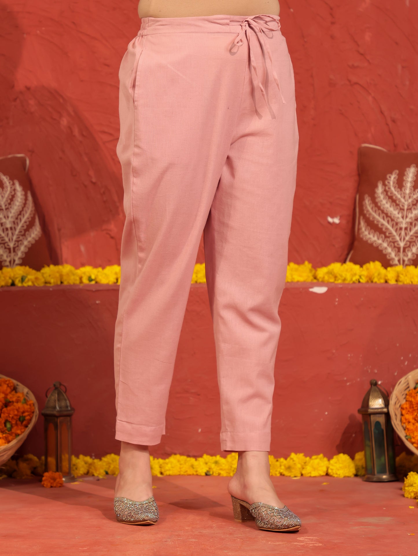 Linen Cotton Solid Pink Tapered Trousers