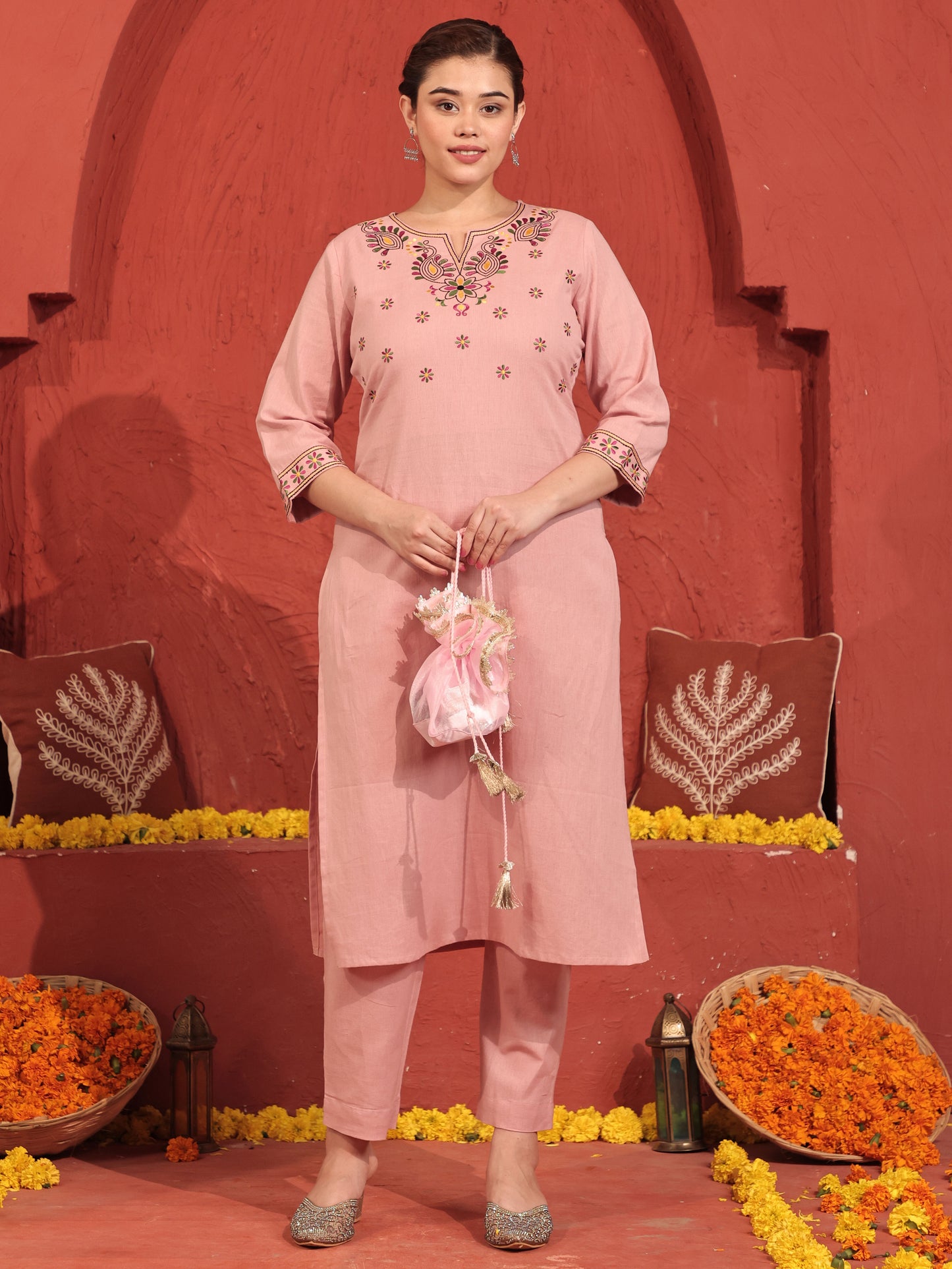 Embroidered Linen Cotton Solid Straight Pink Kurta