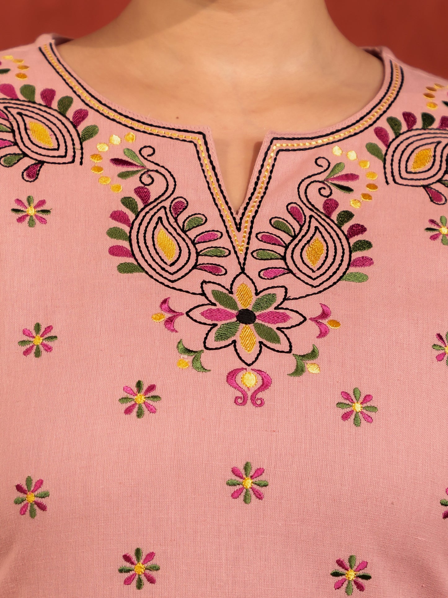 Embroidered Linen Cotton Solid Straight Pink Kurta
