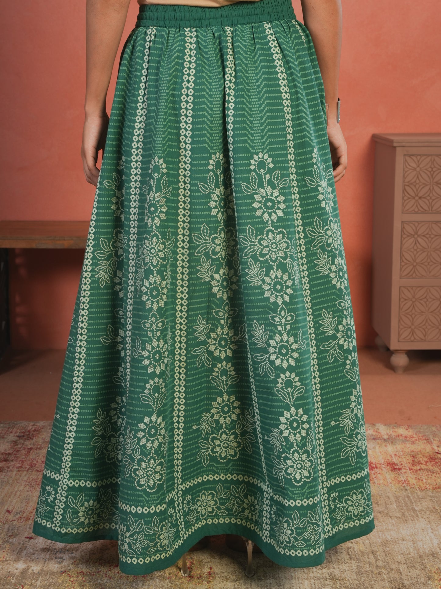 Soft Cotton Bandhani Green Skirt