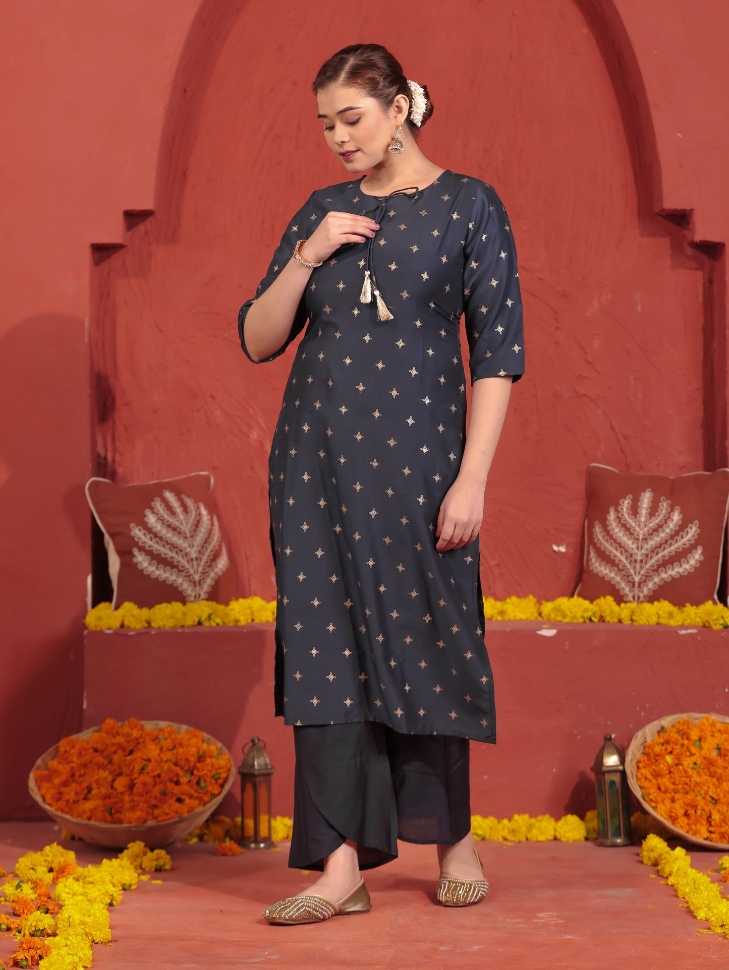 Blended Silk Gold foil Straight Blue Kurta