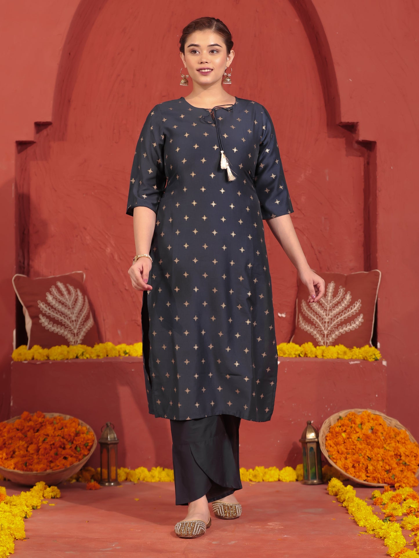 Blended Silk Gold foil Straight Blue Kurta