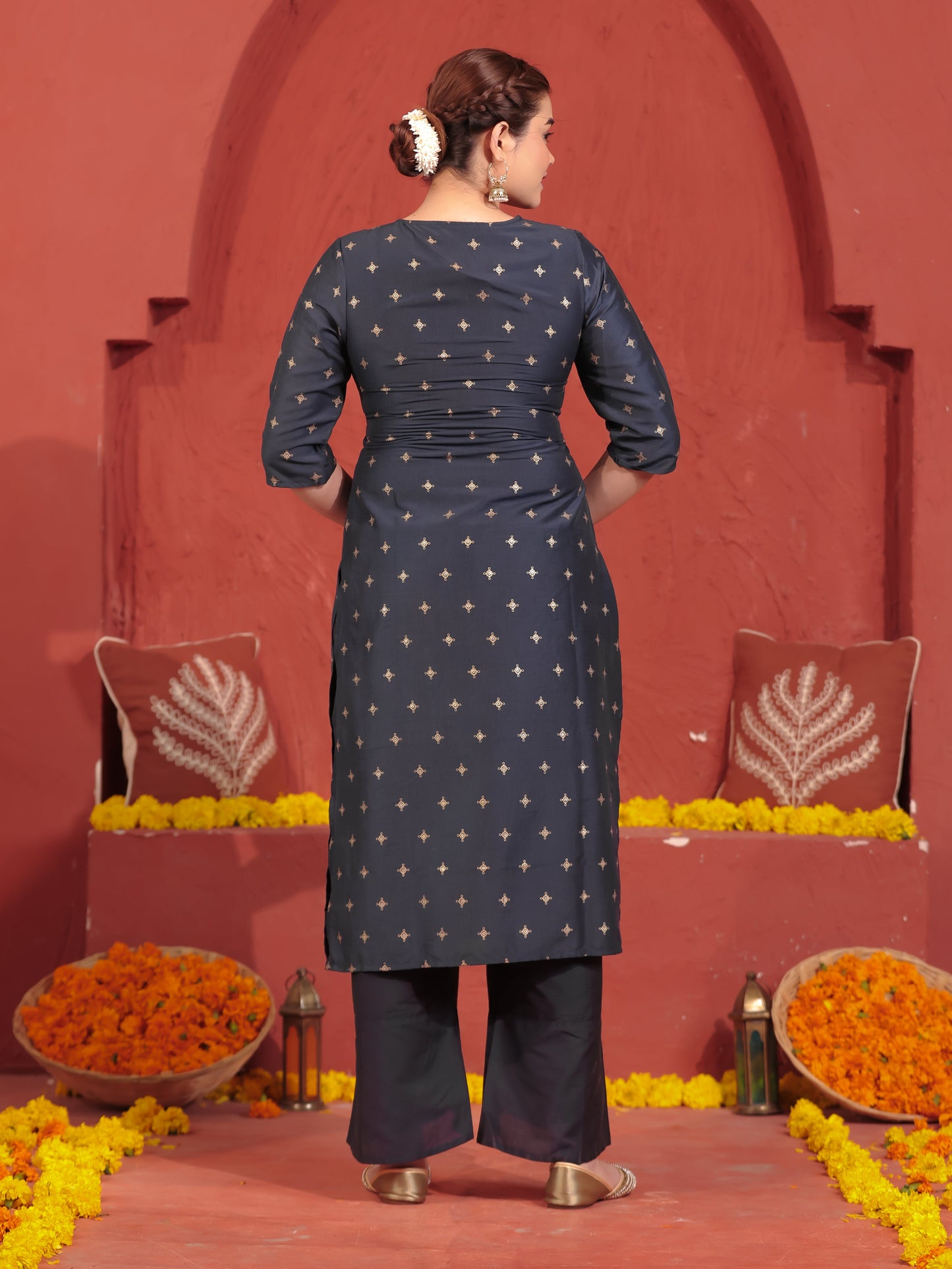 Blended Silk Gold foil Straight Blue Kurta