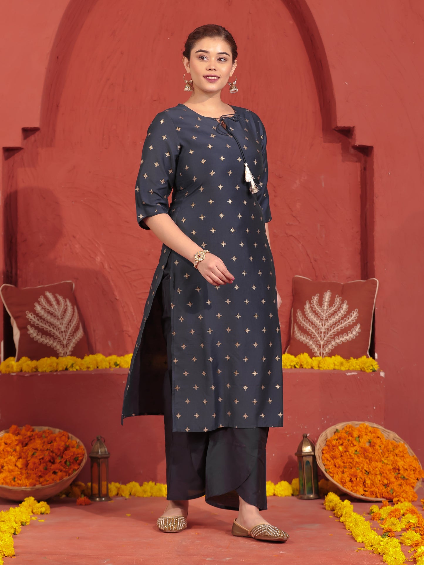 Blended Silk Gold foil Straight Blue Kurta