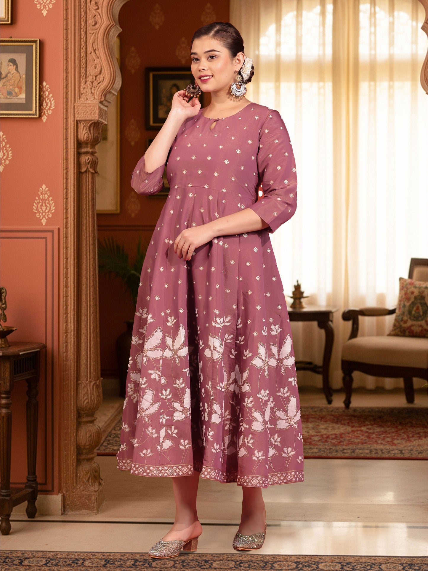 Tussar Silk Placement Print Anarkali Mauve Dress