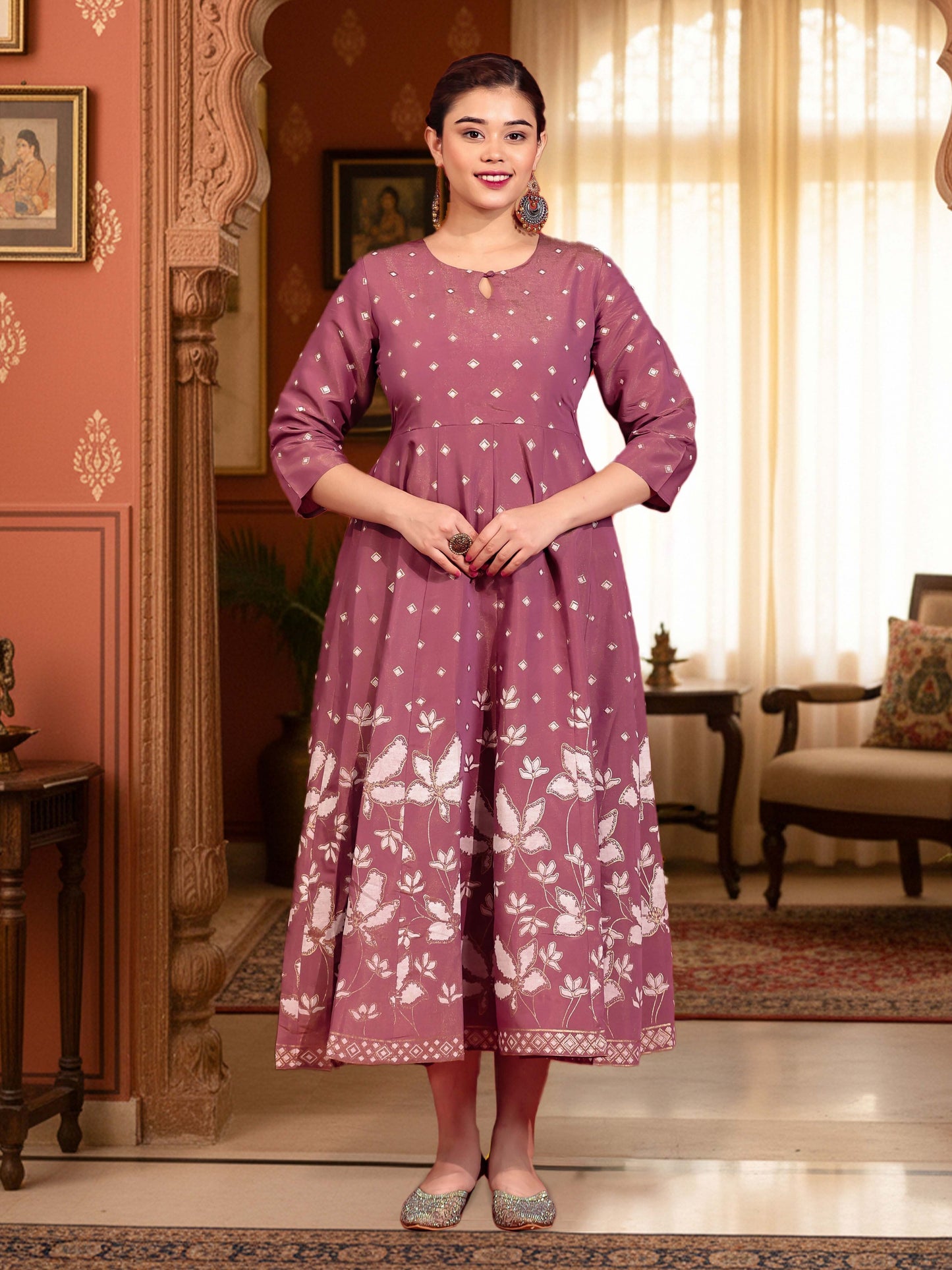 Tussar Silk Placement Print Anarkali Mauve Dress