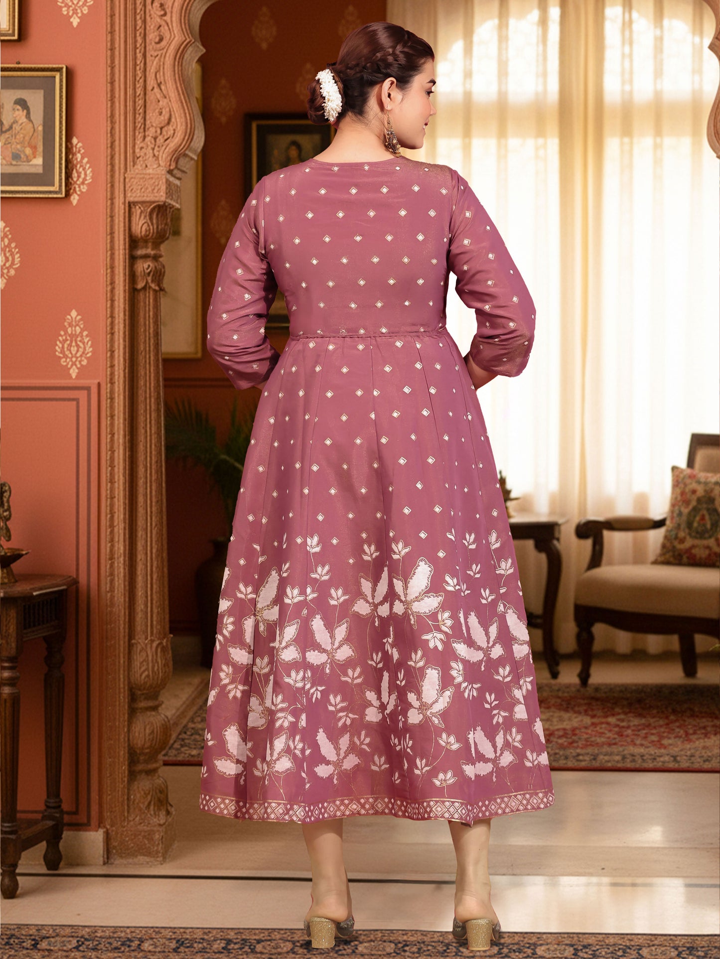 Tussar Silk Placement Print Anarkali Mauve Dress