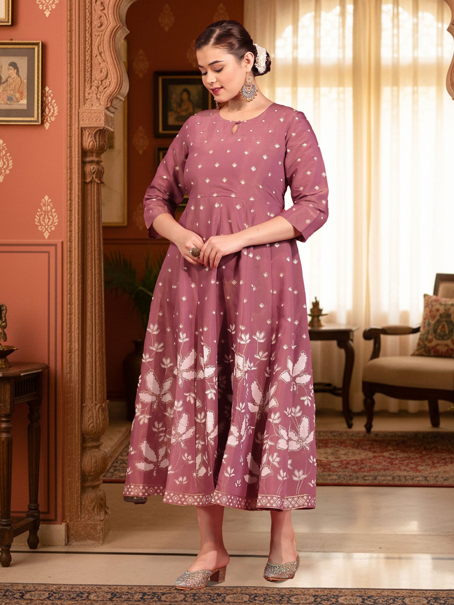 Tussar Silk Placement Print Anarkali Mauve Dress
