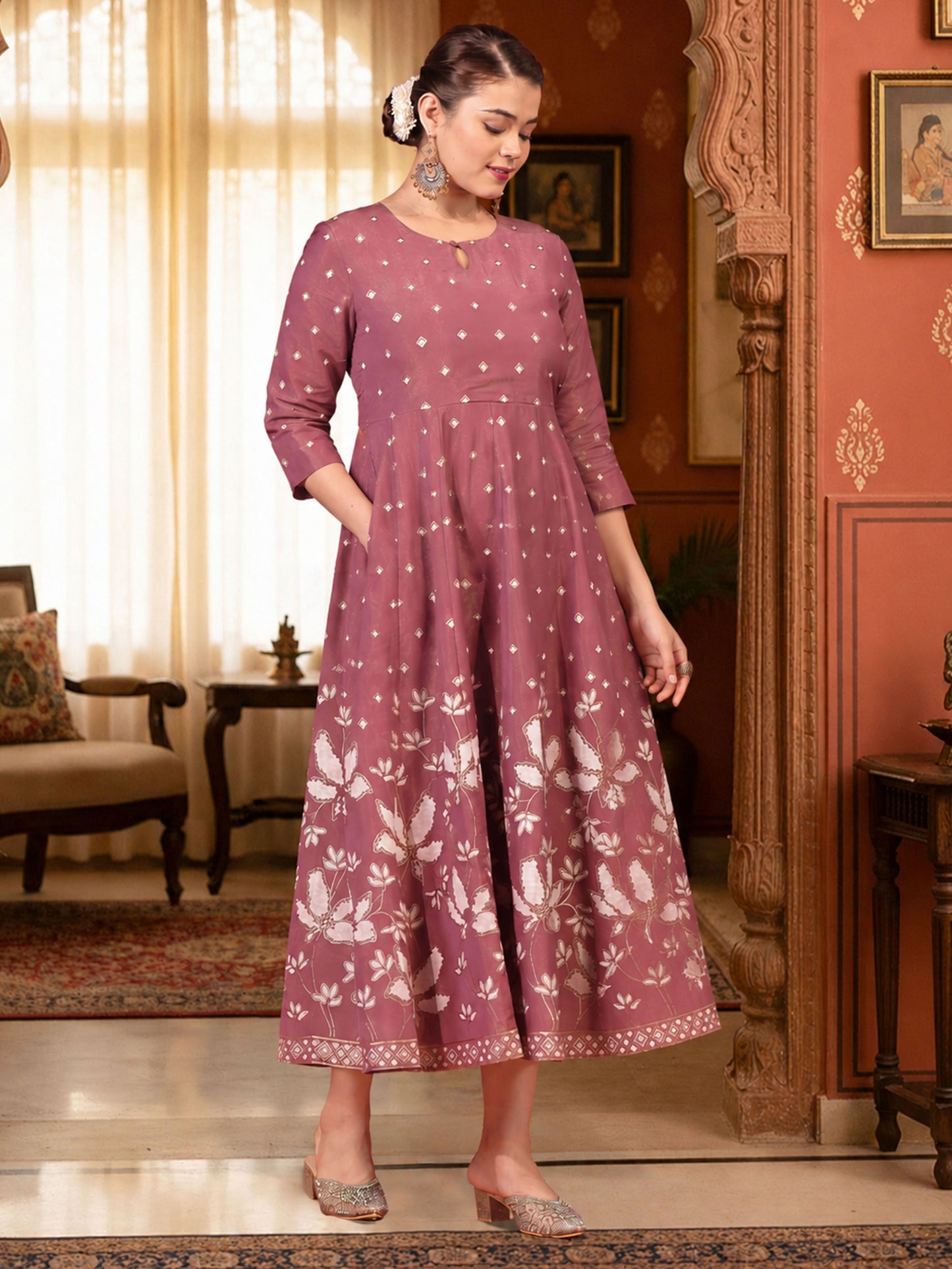 Tussar Silk Placement Print Anarkali Mauve Dress