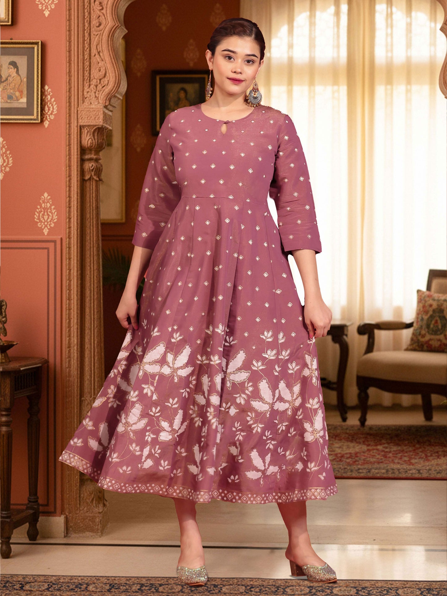 Tussar Silk Placement Print Anarkali Mauve Dress