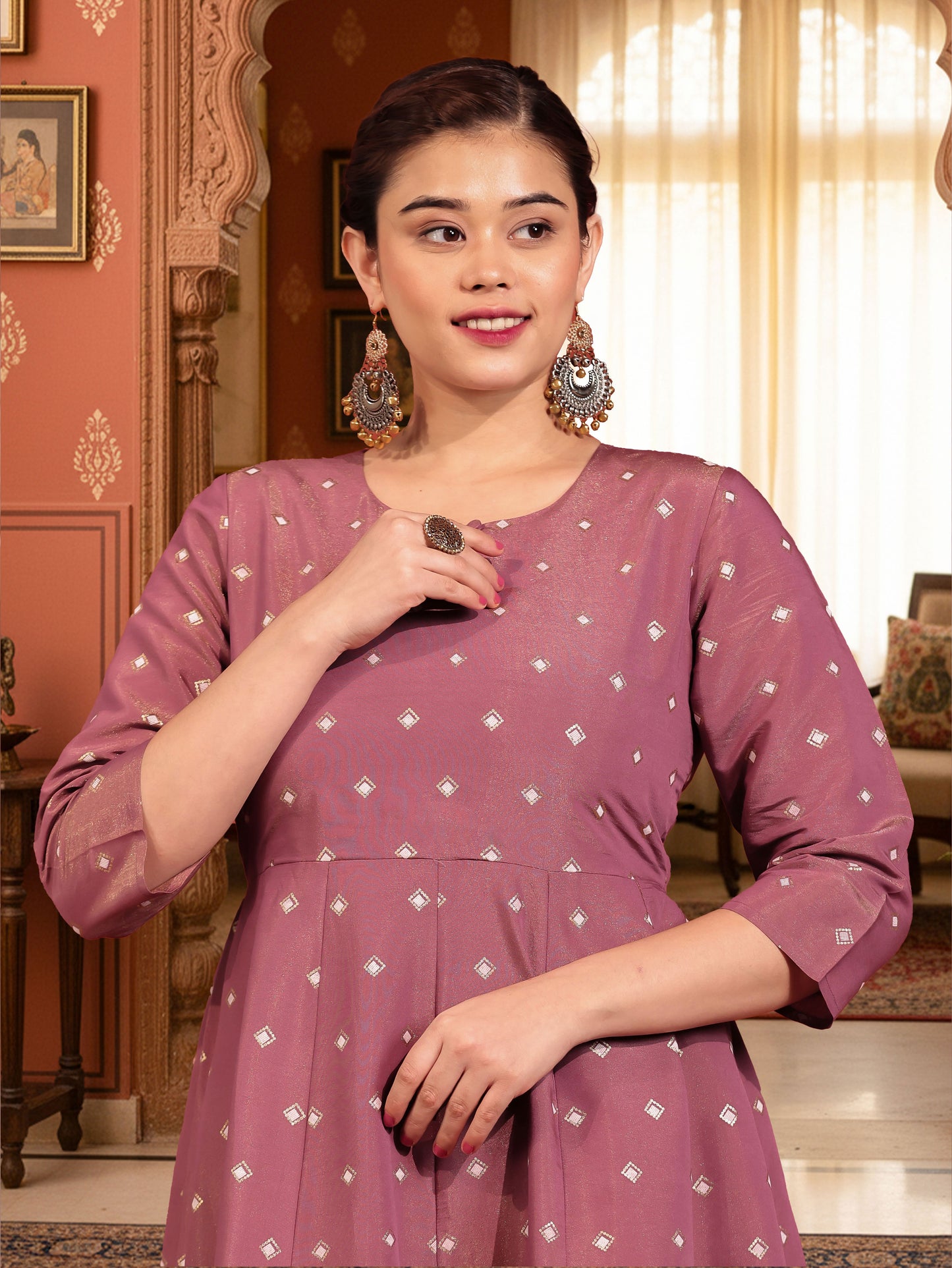 Tussar Silk Placement Print Anarkali Mauve Dress