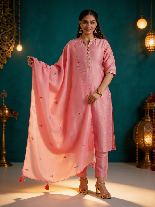 Embroidered Blended Silk Solid Pink Dupatta