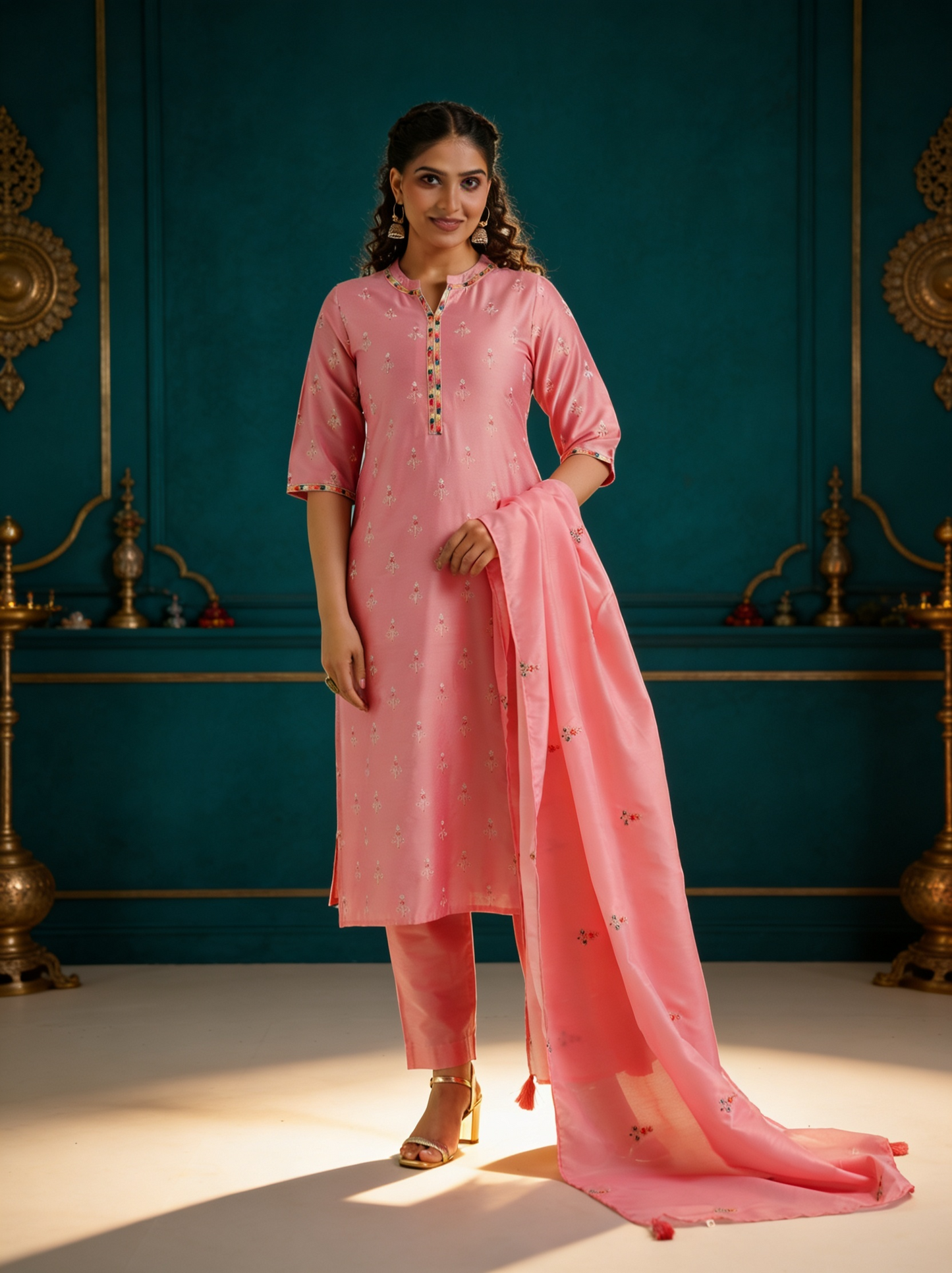 Embroidered Blended Silk Solid Pink Dupatta