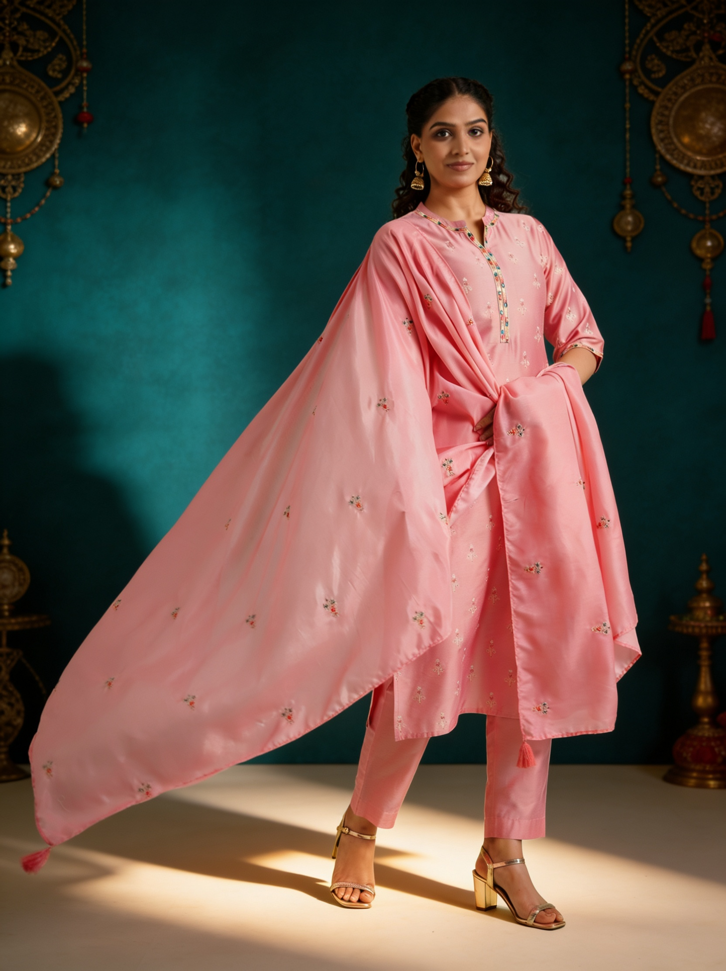 Embroidered Blended Silk Solid Pink Dupatta