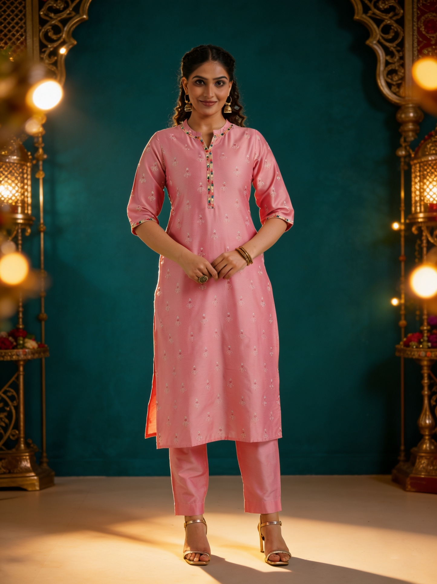 Embroidered Chanderi Gold foil Straight Pink Kurta