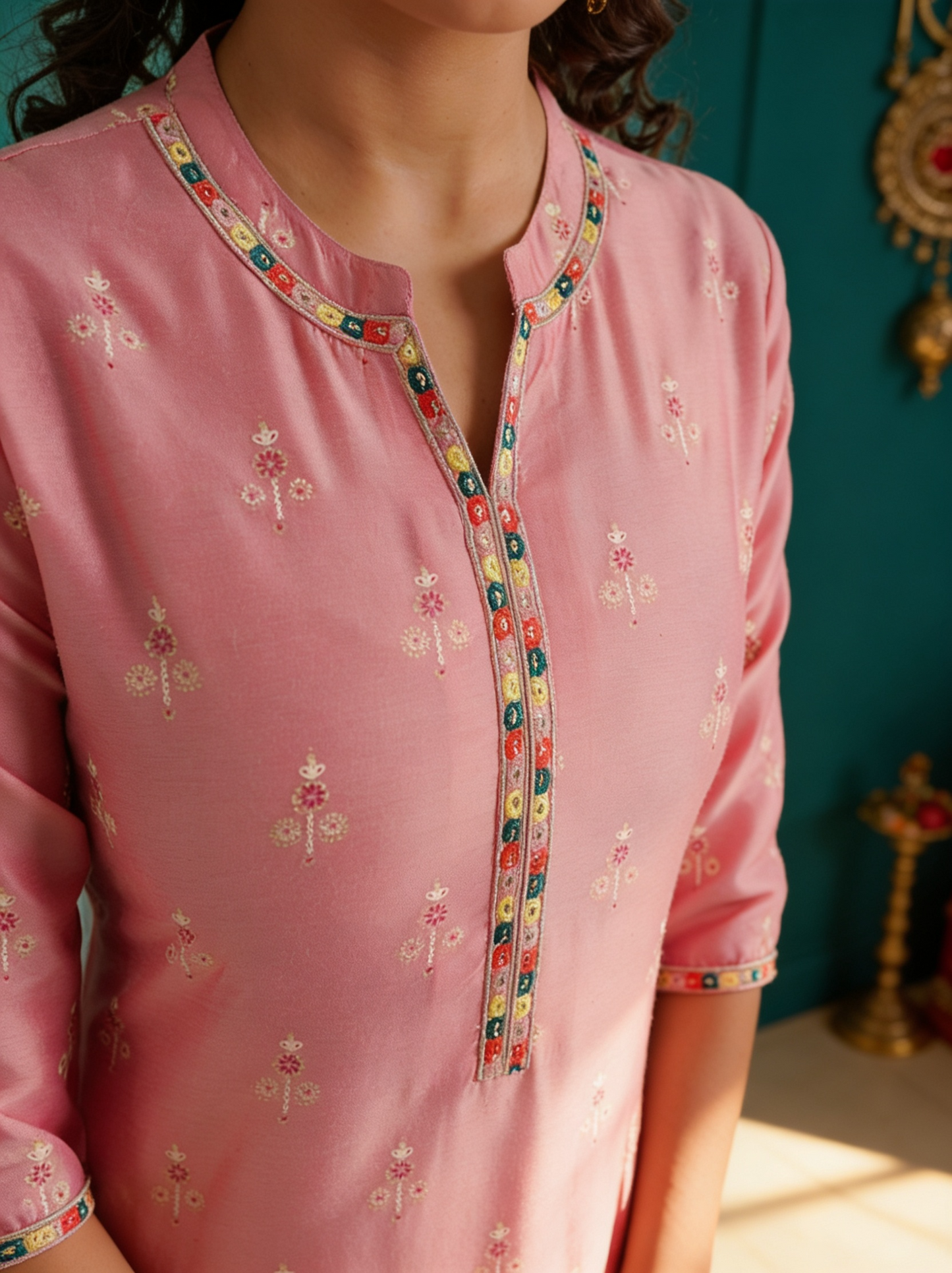 Embroidered Chanderi Gold foil Straight Pink Kurta