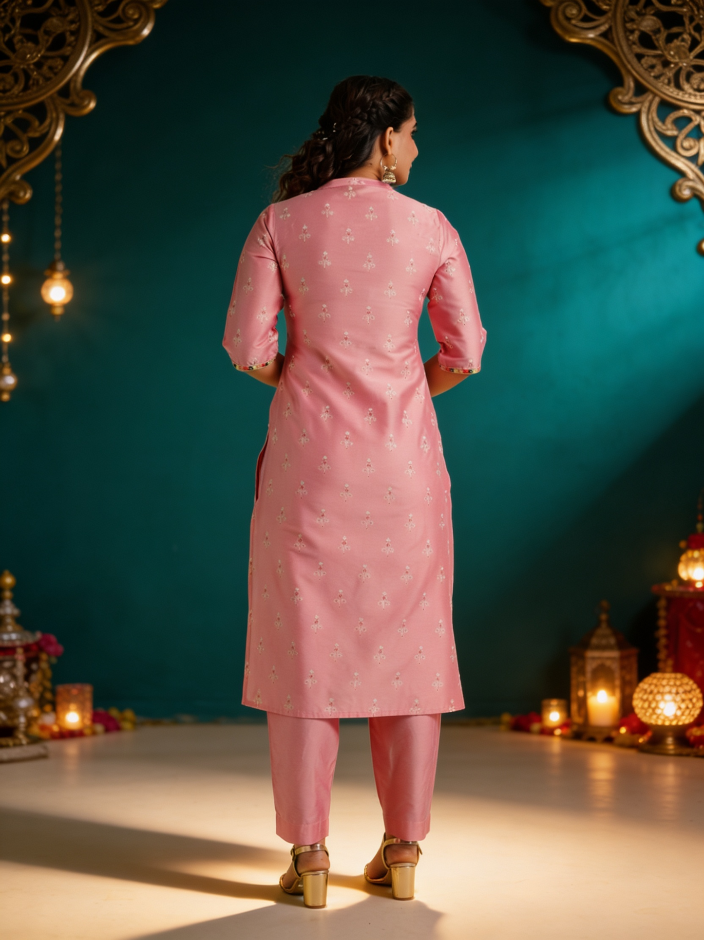 Embroidered Chanderi Gold foil Straight Pink Kurta