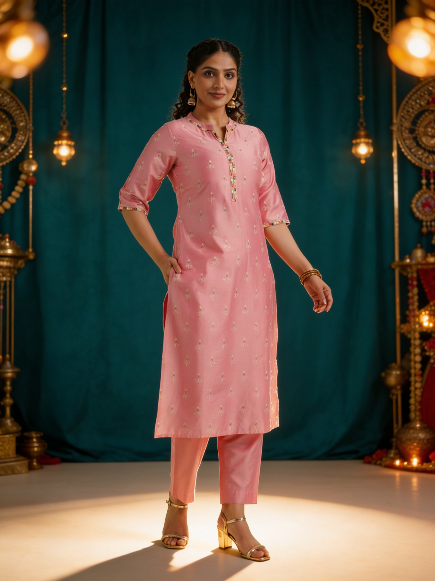 Embroidered Chanderi Gold foil Straight Pink Kurta