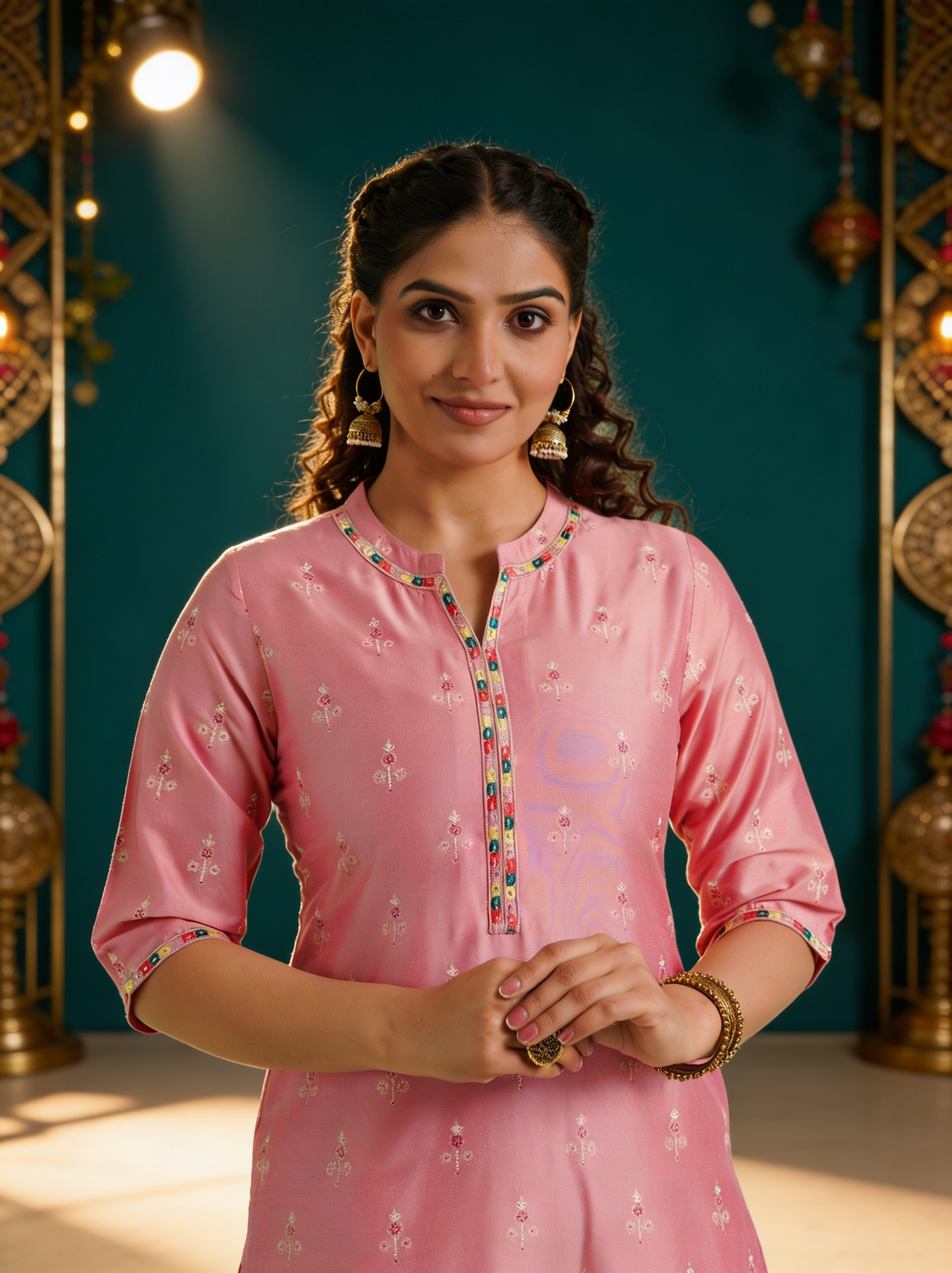 Embroidered Chanderi Gold foil Straight Pink Kurta
