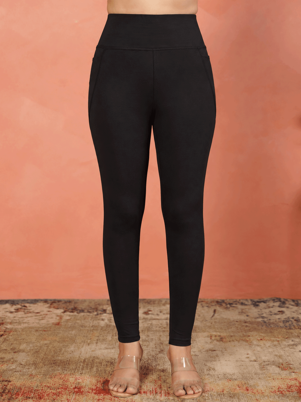 Cotton Knit Solid Black Tummy Tucker Leggings
