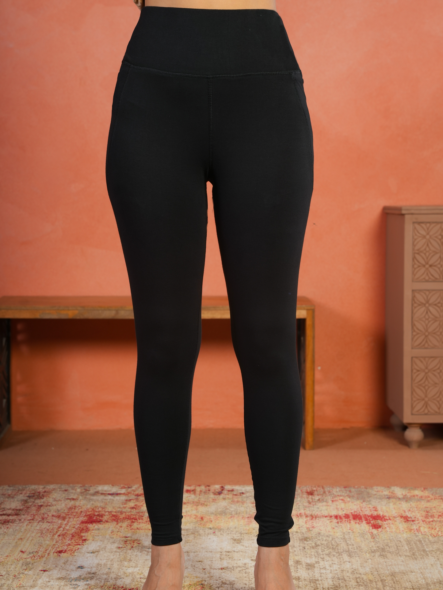 Cotton Knit Solid Black Tummy Tucker Leggings