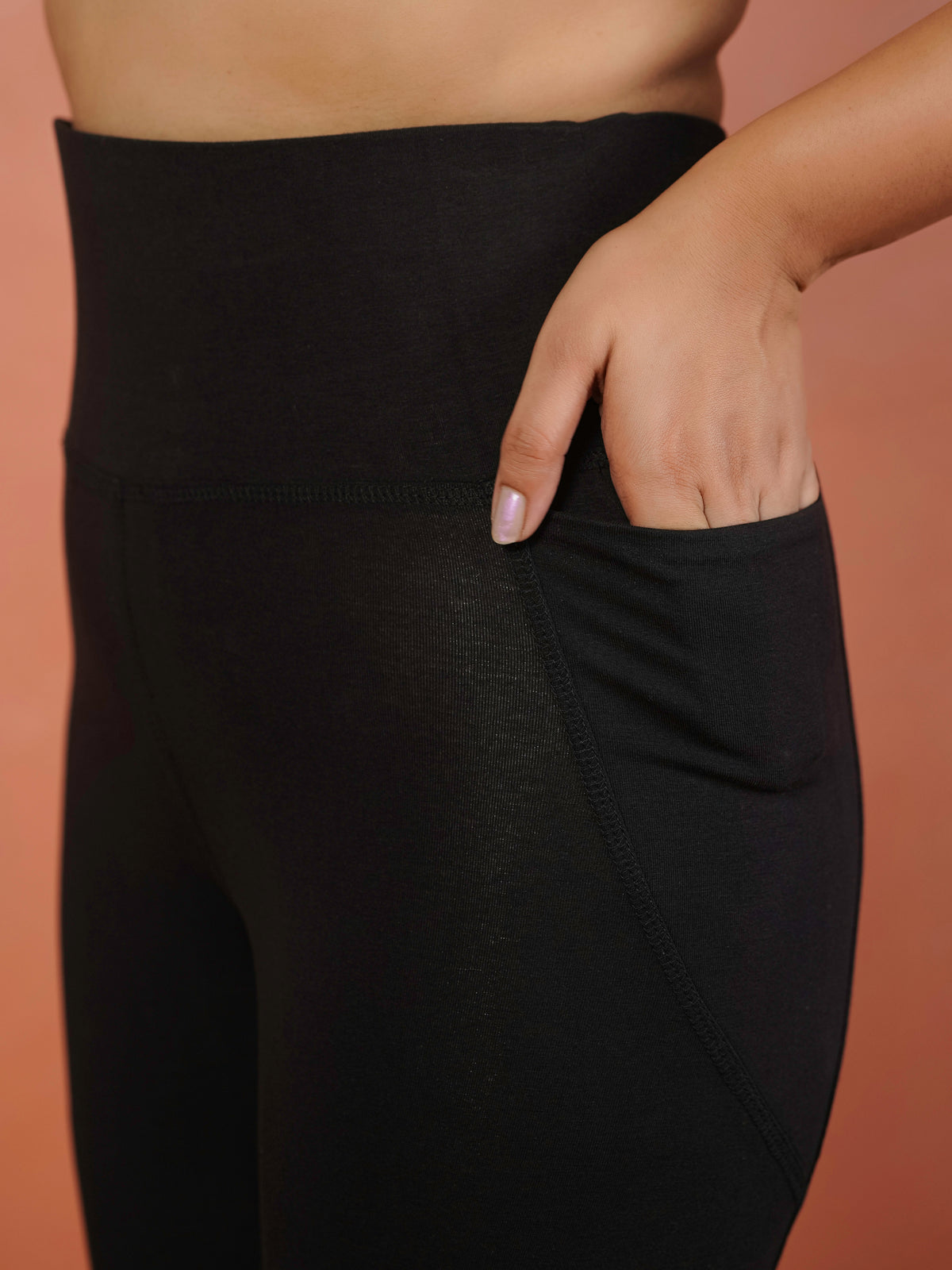 Cotton Knit Solid Black Tummy Tucker Leggings