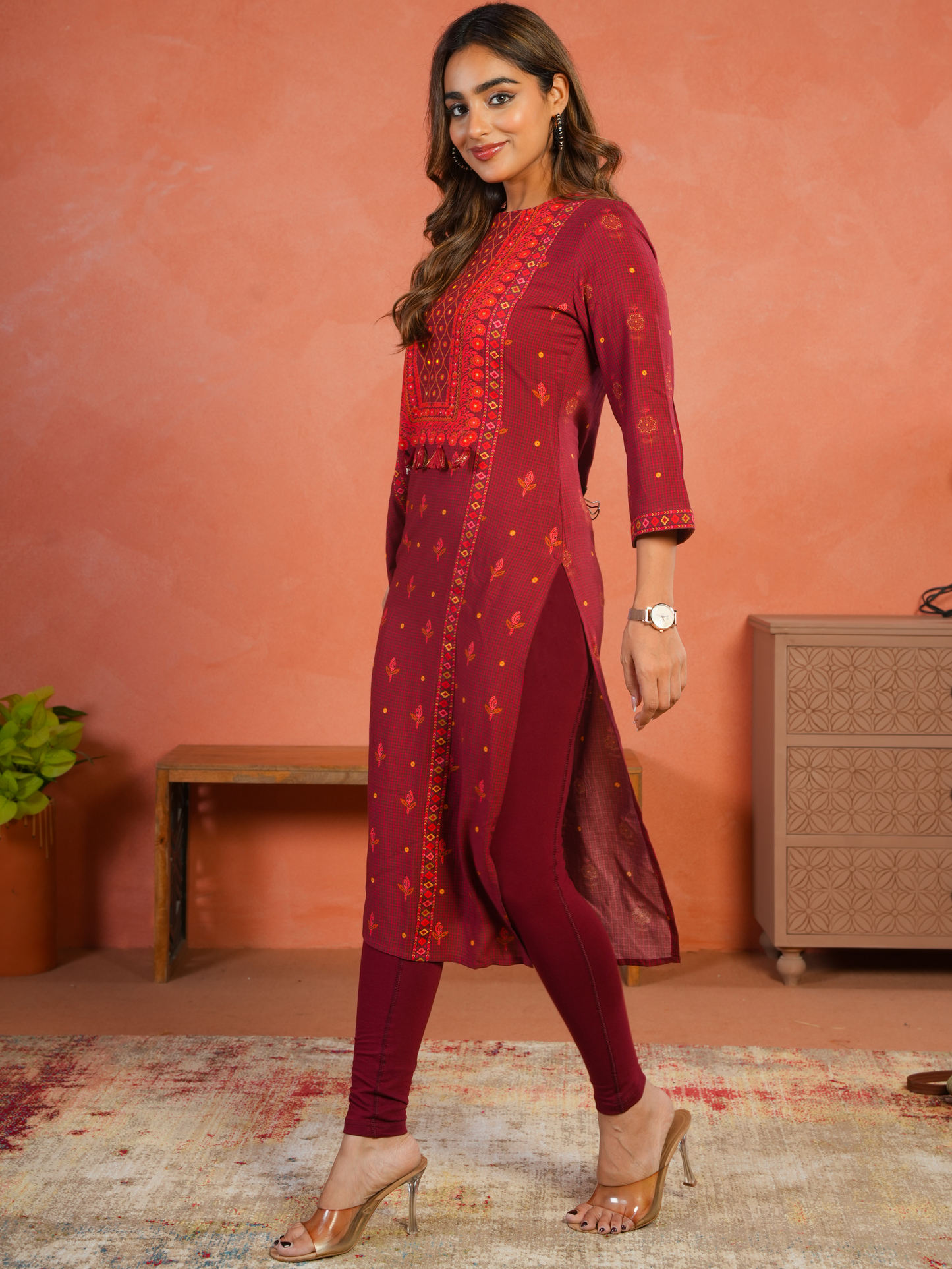 Cotton Knit Solid Maroon Tummy Tucker Leggings