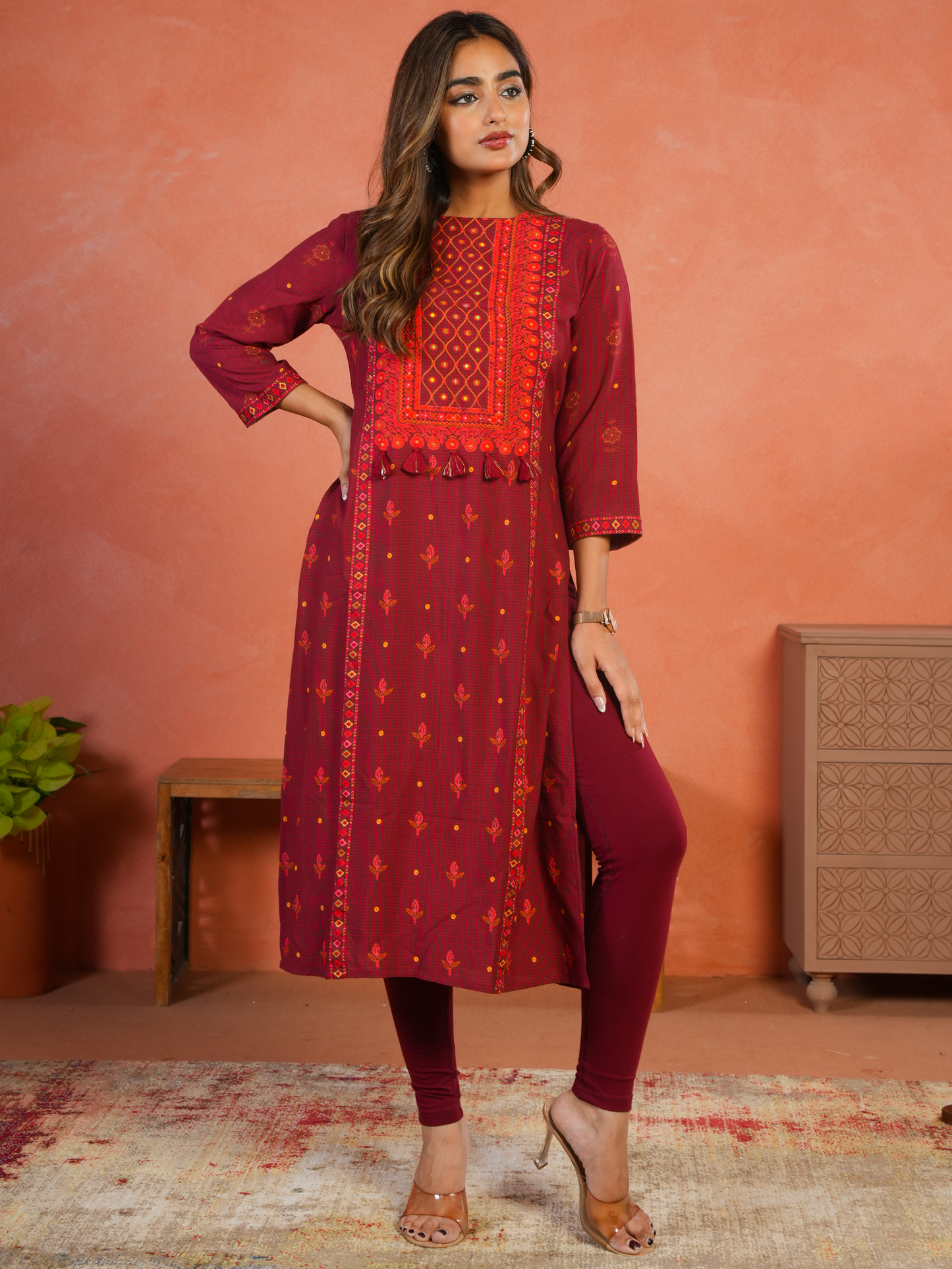 Cotton Knit Solid Maroon Tummy Tucker Leggings