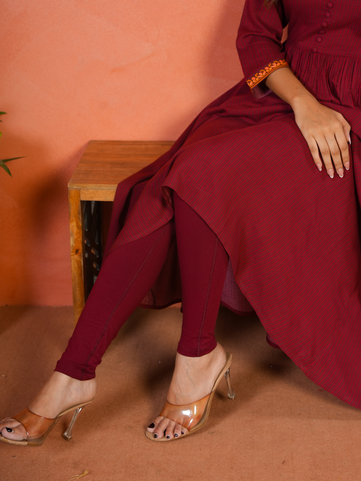 Cotton Knit Solid Maroon Tummy Tucker Leggings