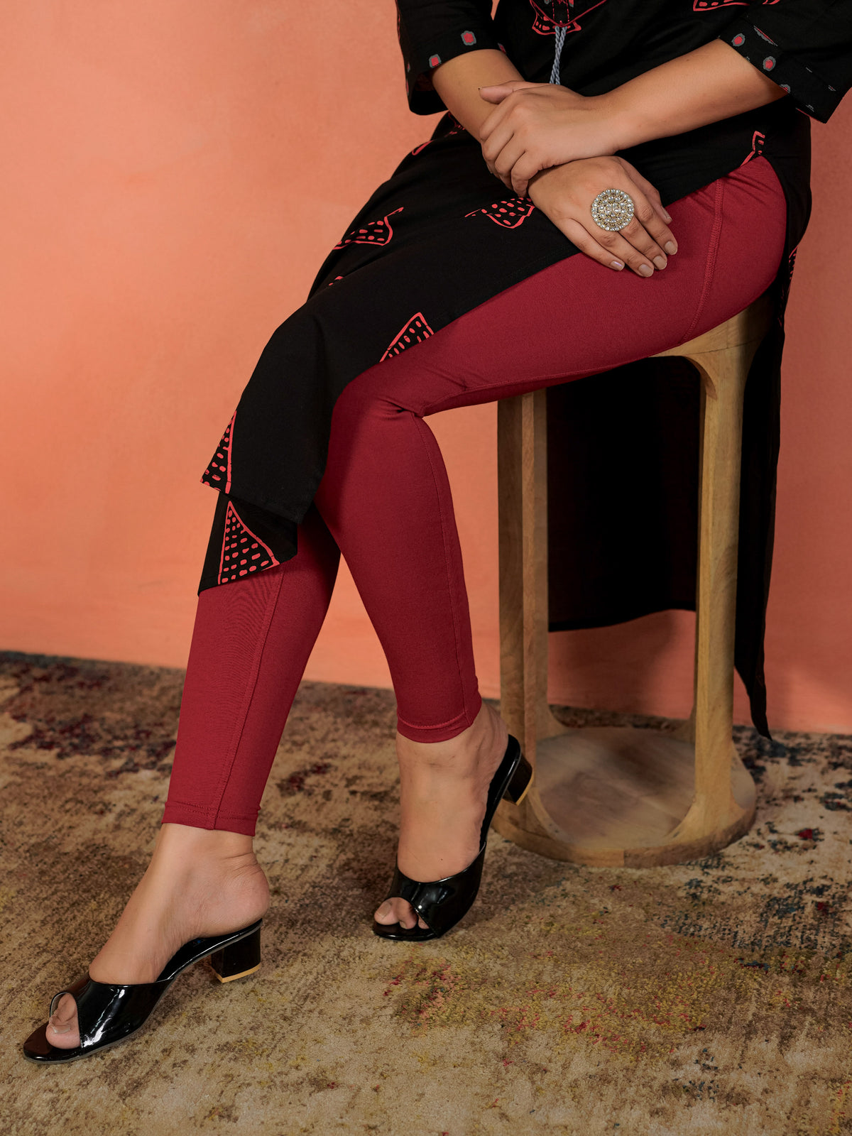 Cotton Knit Solid Maroon Tummy Tucker Leggings
