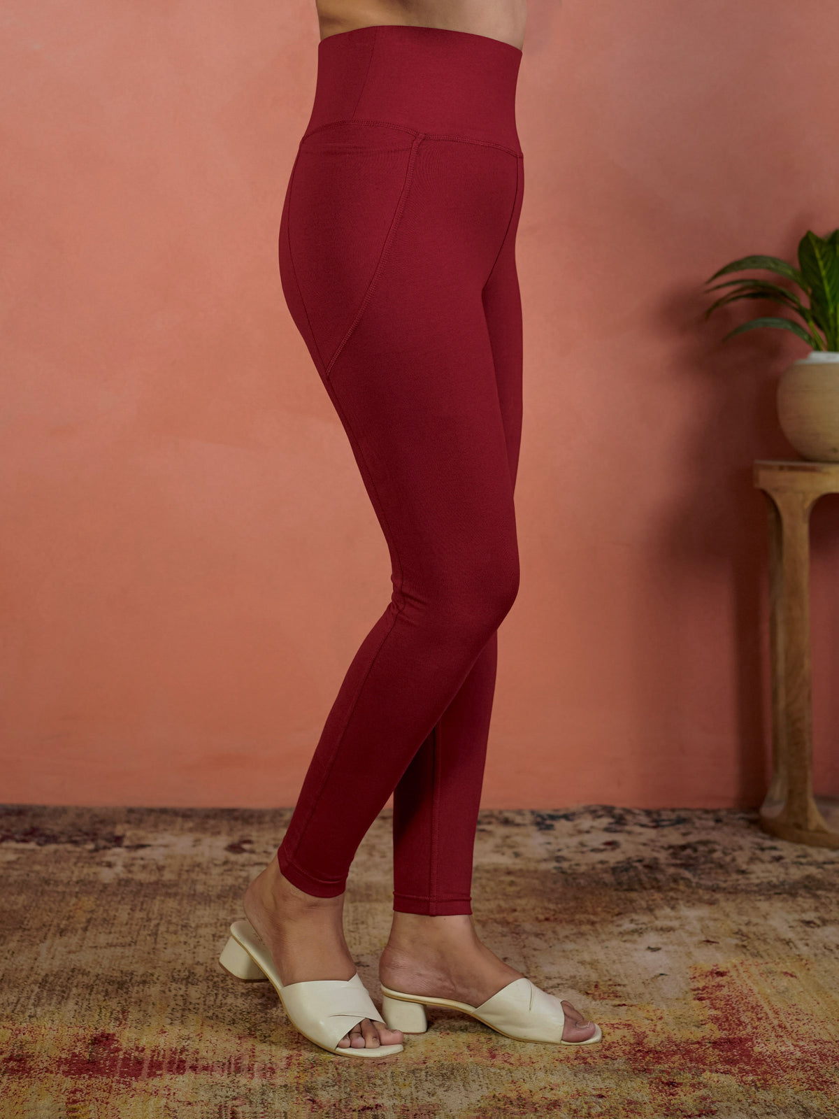 Cotton Knit Solid Maroon Tummy Tucker Leggings