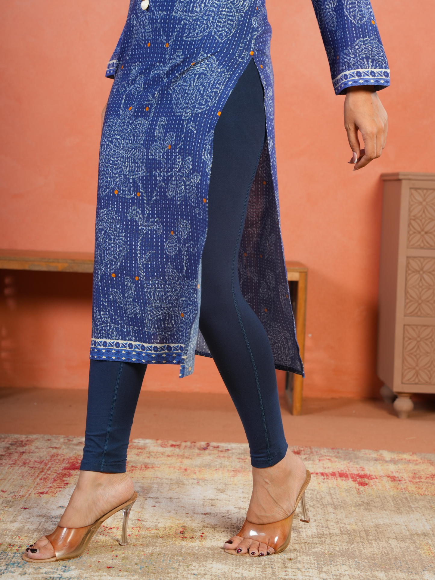 Cotton Knit Solid Blue Tummy Tucker Leggings