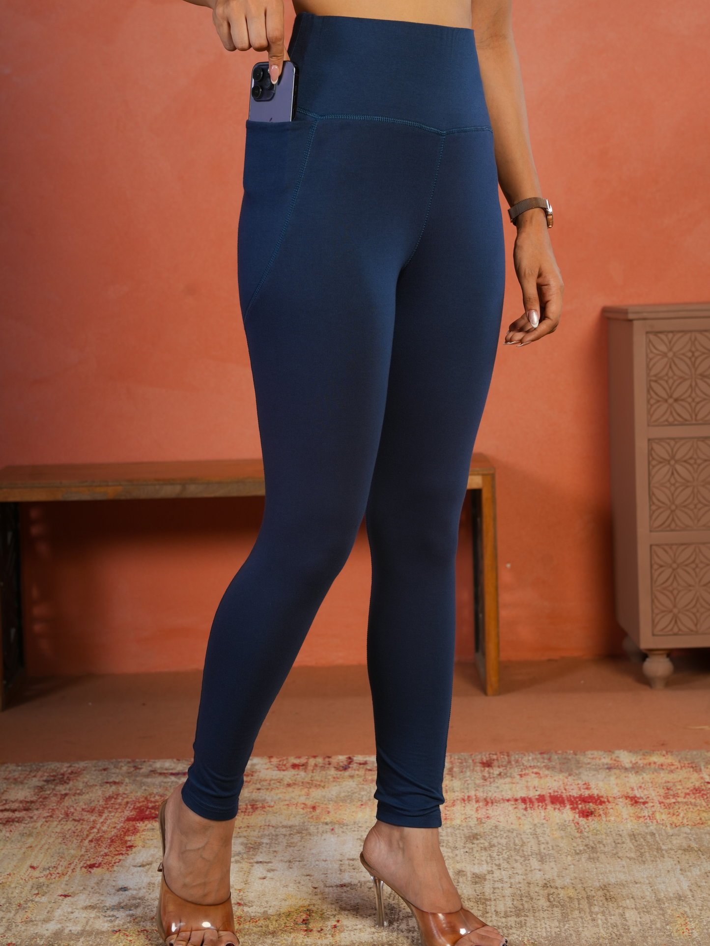 Cotton Knit Solid Blue Tummy Tucker Leggings