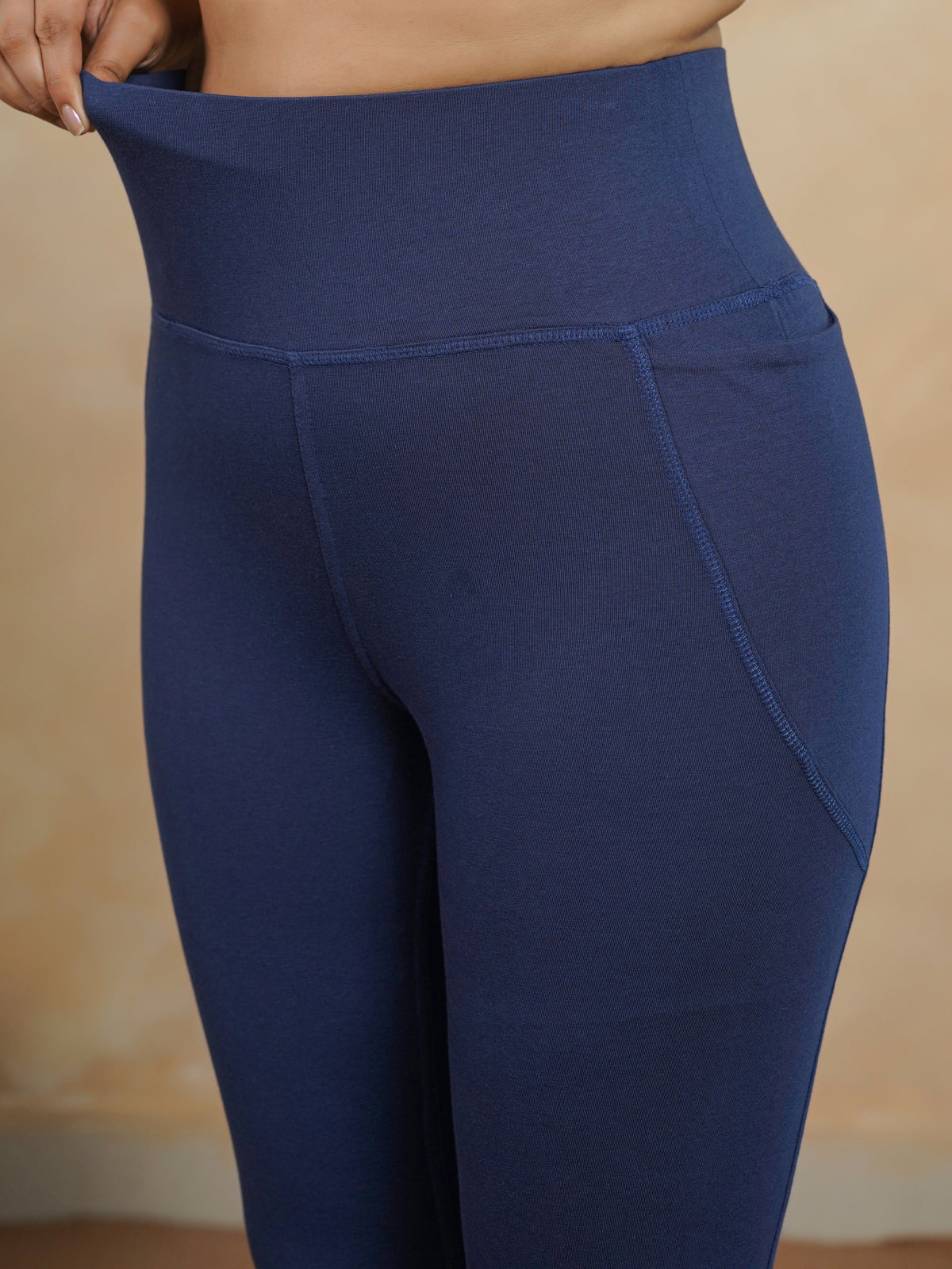 Cotton Knit Solid Blue Tummy Tucker Leggings
