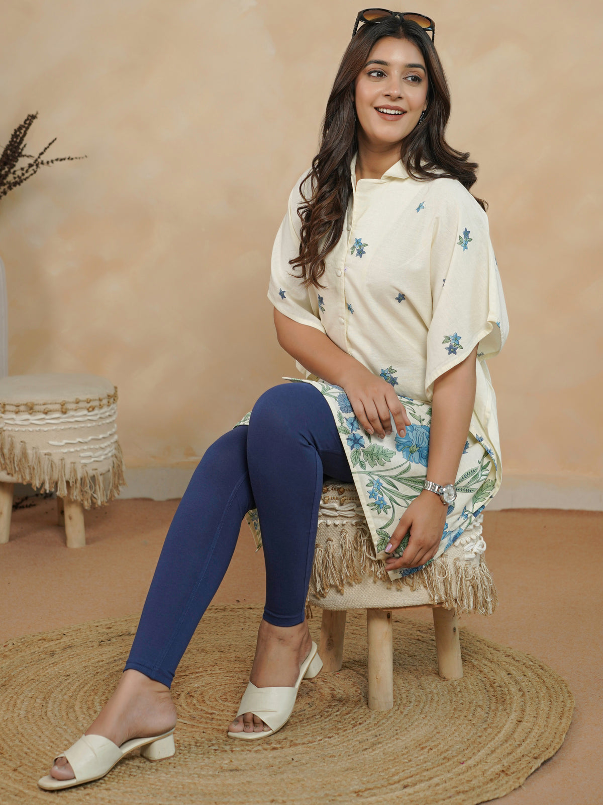 Cotton Knit Solid Blue Tummy Tucker Leggings