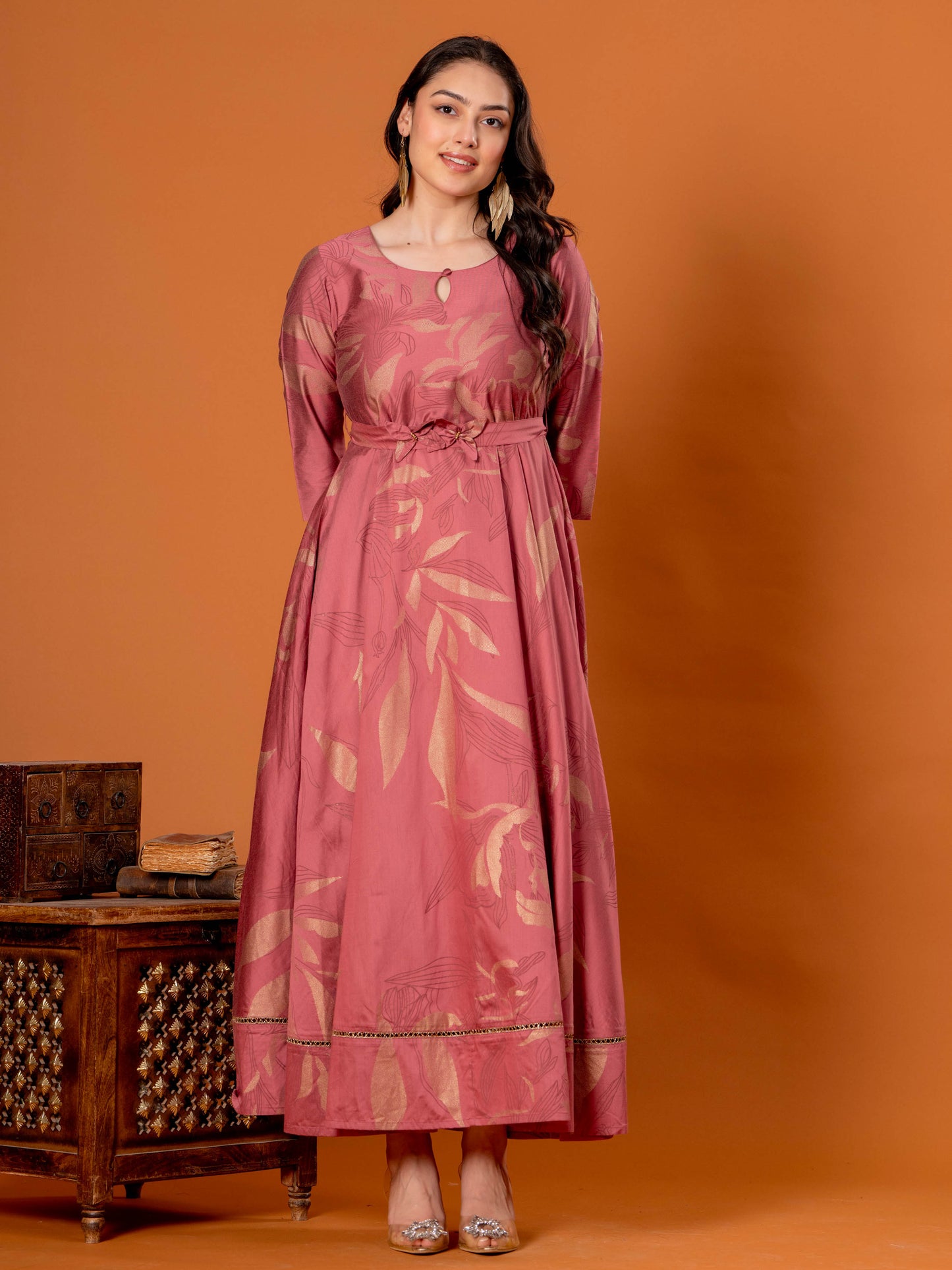 Chanderi Floral Anarkali Old Rose Dress (With Belt)