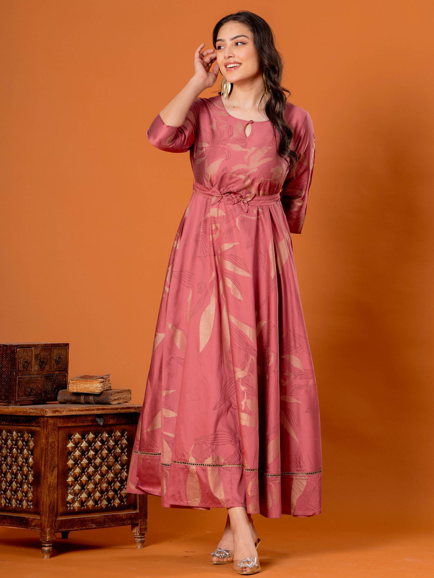 Chanderi Floral Anarkali Old Rose Dress (With Belt)