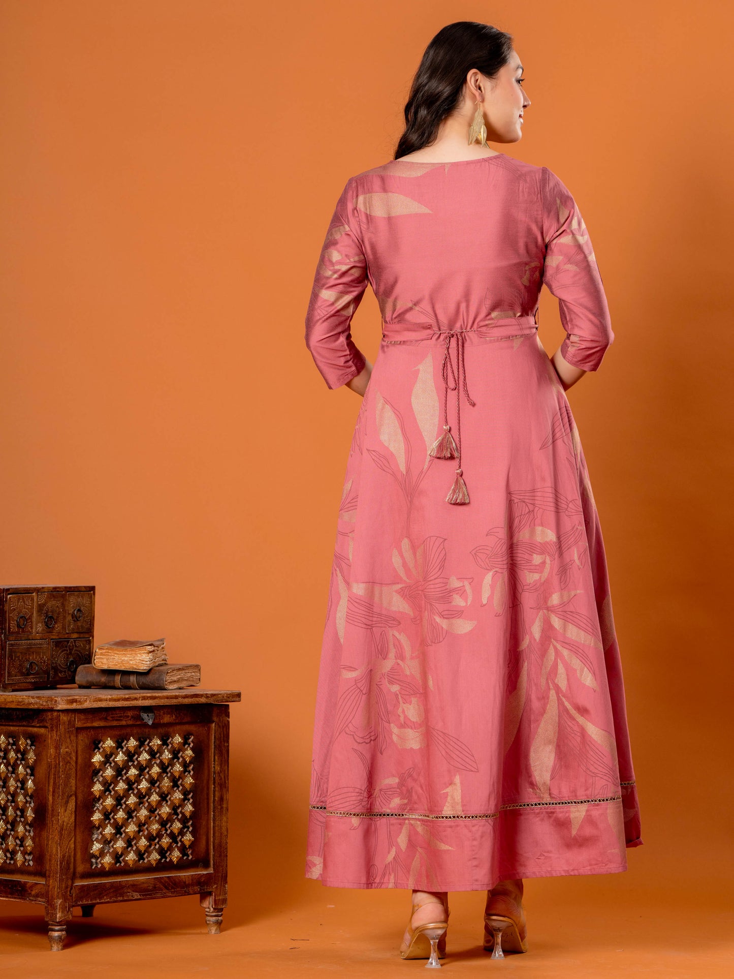 Chanderi Floral Anarkali Old Rose Dress (With Belt)