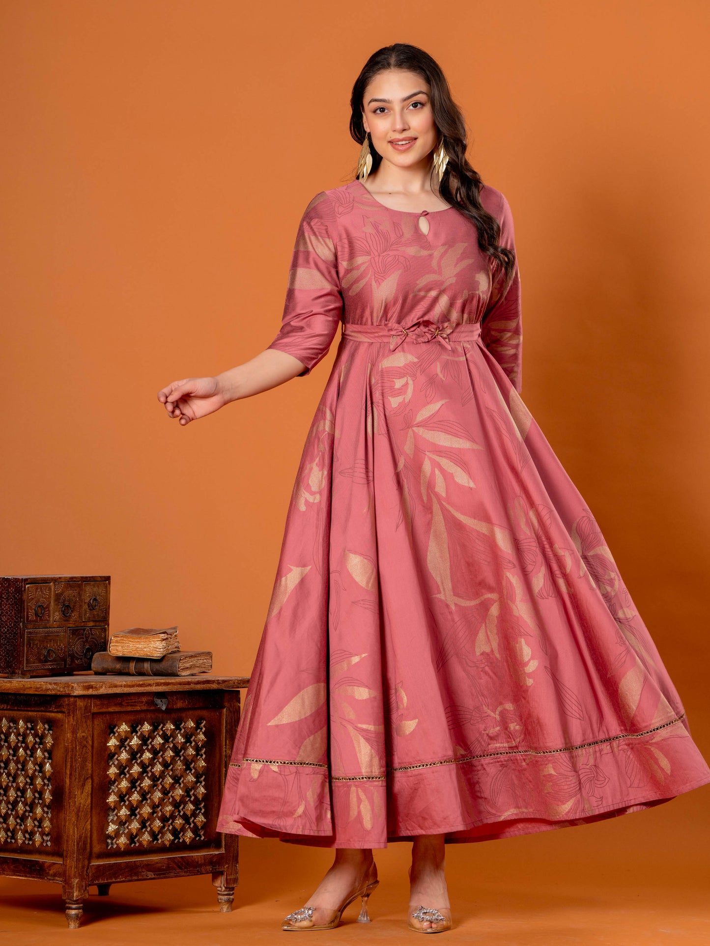Chanderi Floral Anarkali Old Rose Dress (With Belt)